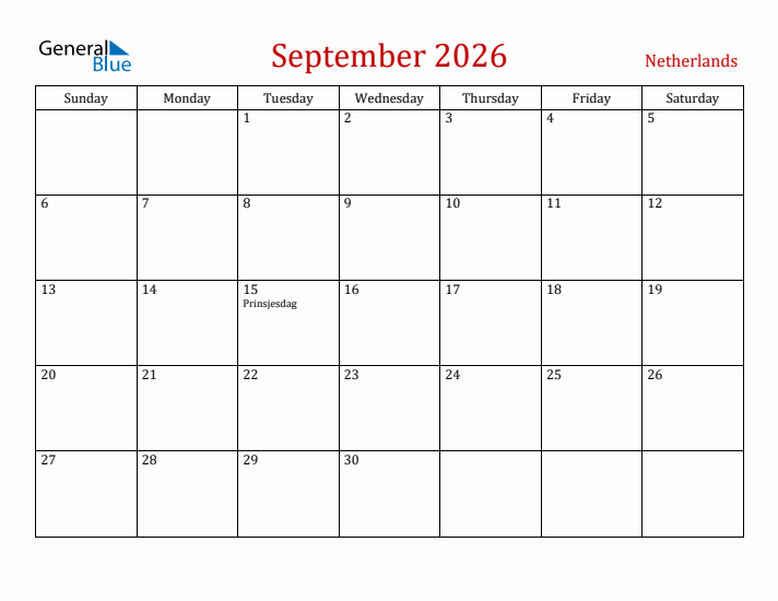 The Netherlands September 2026 Calendar - Sunday Start