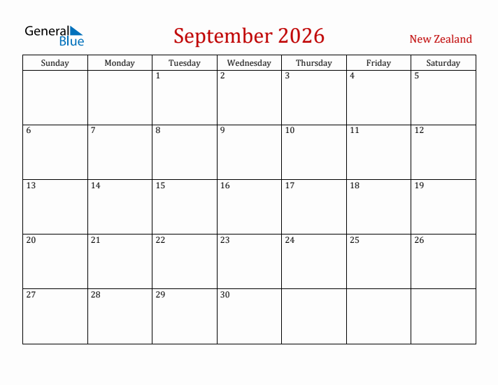 New Zealand September 2026 Calendar - Sunday Start
