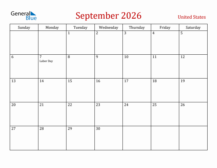 United States September 2026 Calendar - Sunday Start
