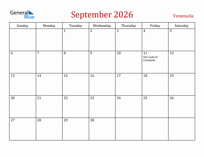Venezuela September 2026 Calendar - Sunday Start
