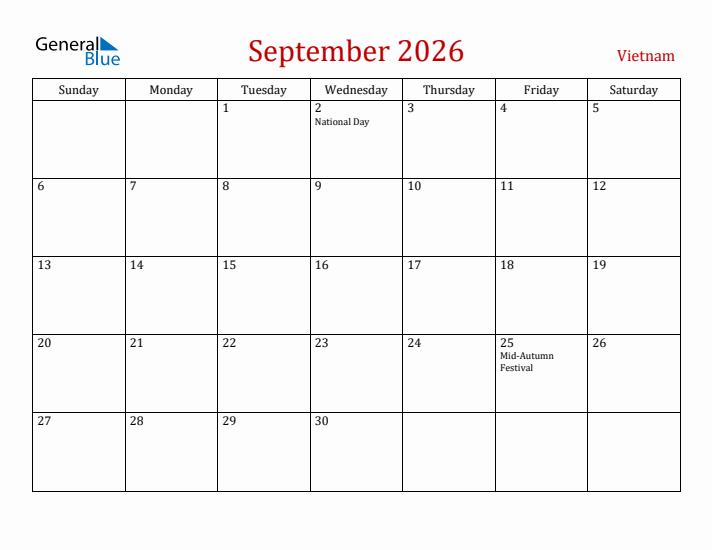 Vietnam September 2026 Calendar - Sunday Start