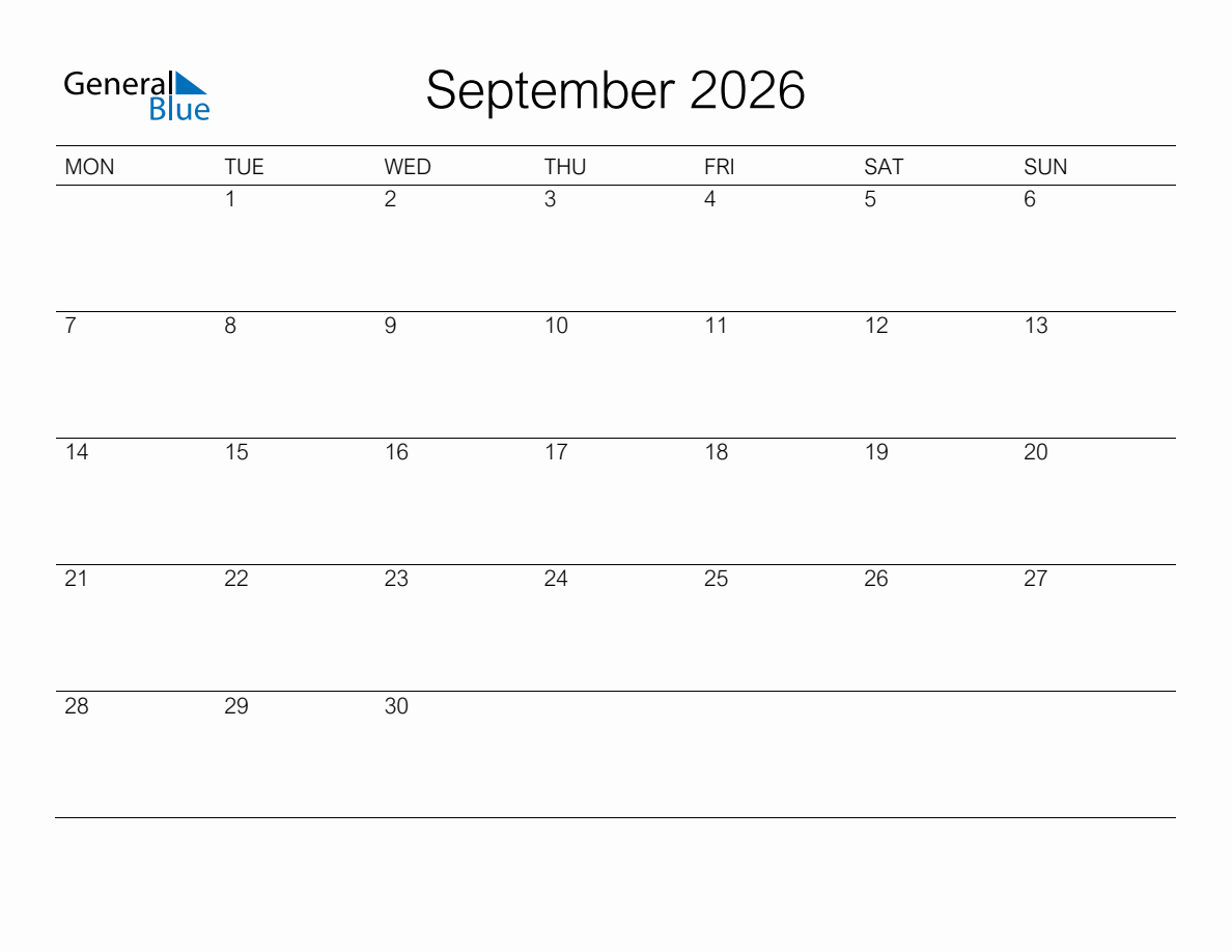 Printable September 2026 Monthly Calendar - Monday Start