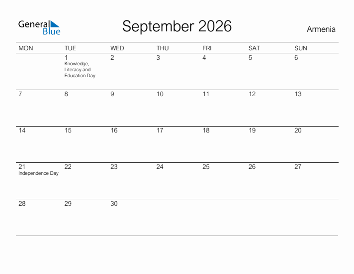 Printable September 2026 Calendar for Armenia