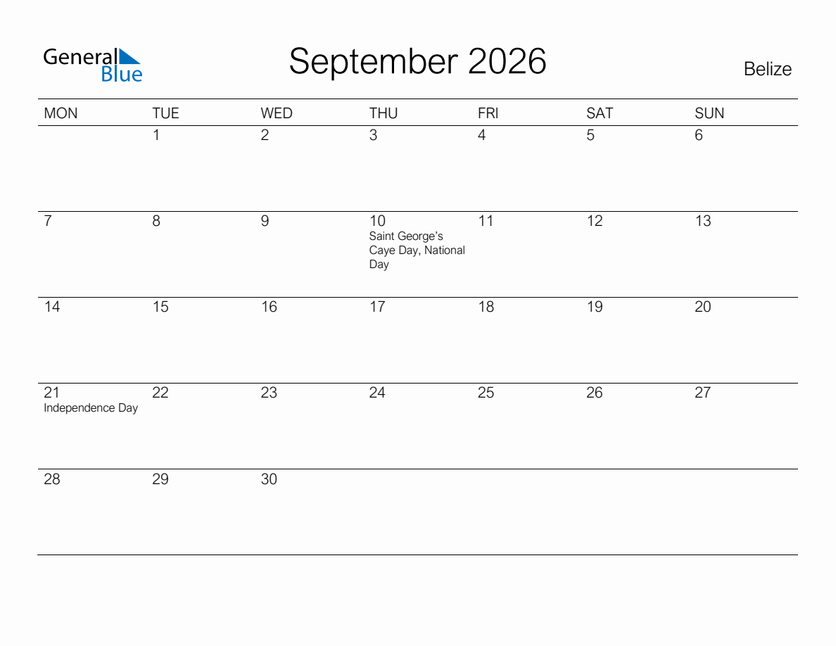 Printable September 2026 Monthly Calendar with Holidays for Belize