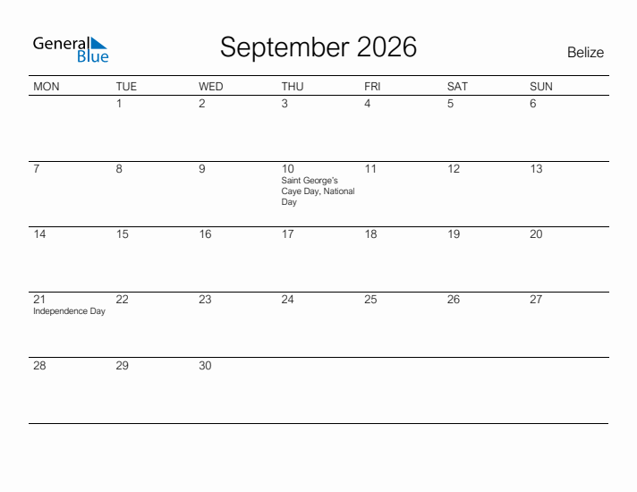 Printable September 2026 Calendar for Belize