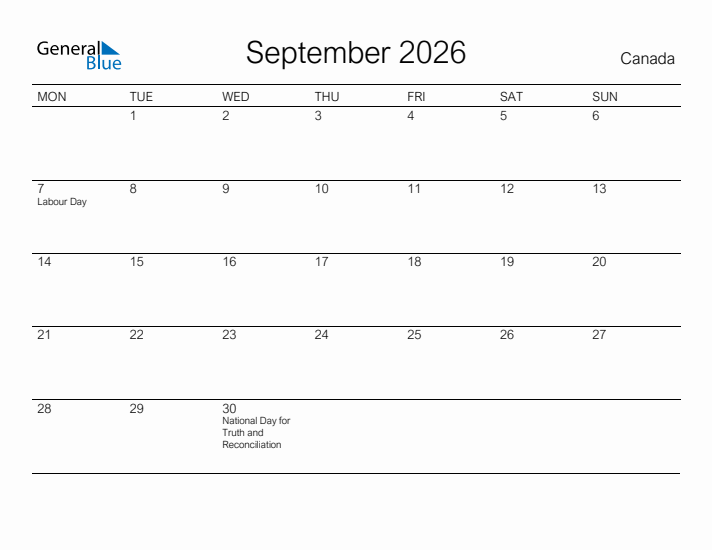 Printable September 2026 Calendar for Canada
