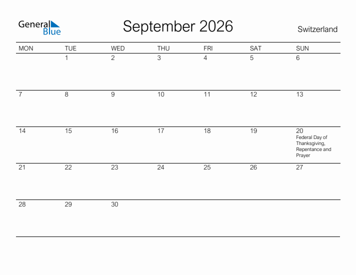 Printable September 2026 Calendar for Switzerland