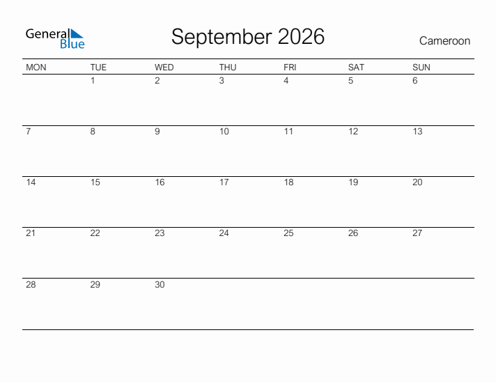 Printable September 2026 Calendar for Cameroon