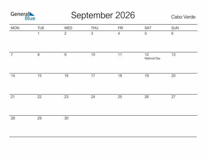 Printable September 2026 Calendar for Cabo Verde