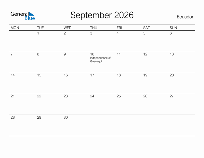 Printable September 2026 Calendar for Ecuador