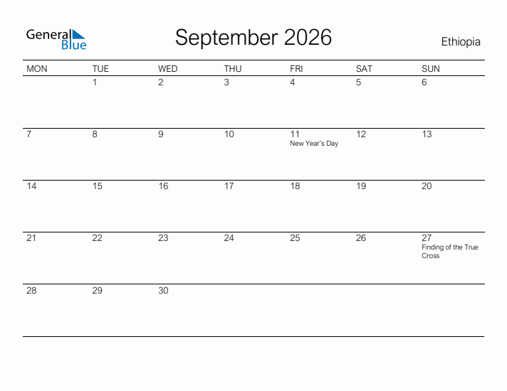 Printable September 2026 Calendar for Ethiopia