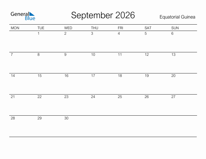 Printable September 2026 Calendar for Equatorial Guinea