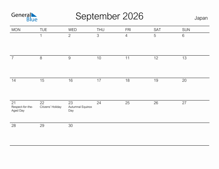 Printable September 2026 Calendar for Japan