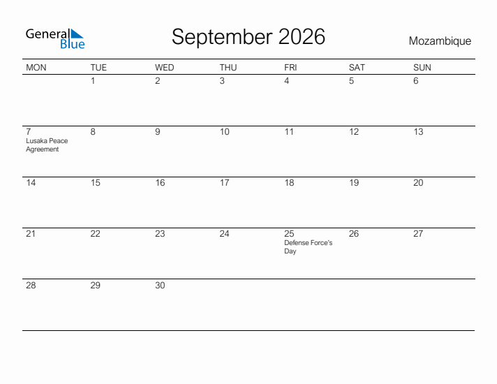 Printable September 2026 Calendar for Mozambique