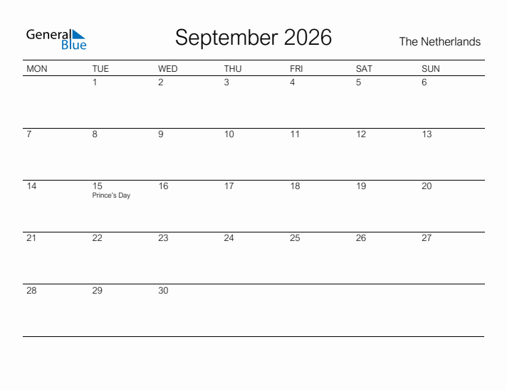 Printable September 2026 Calendar for The Netherlands