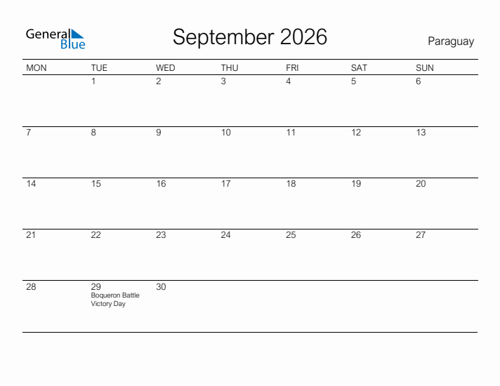 Printable September 2026 Calendar for Paraguay