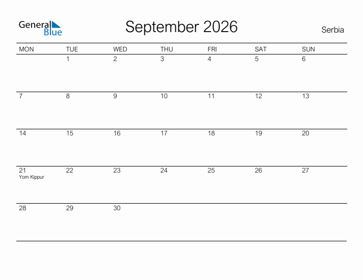 Printable September 2026 Calendar for Serbia