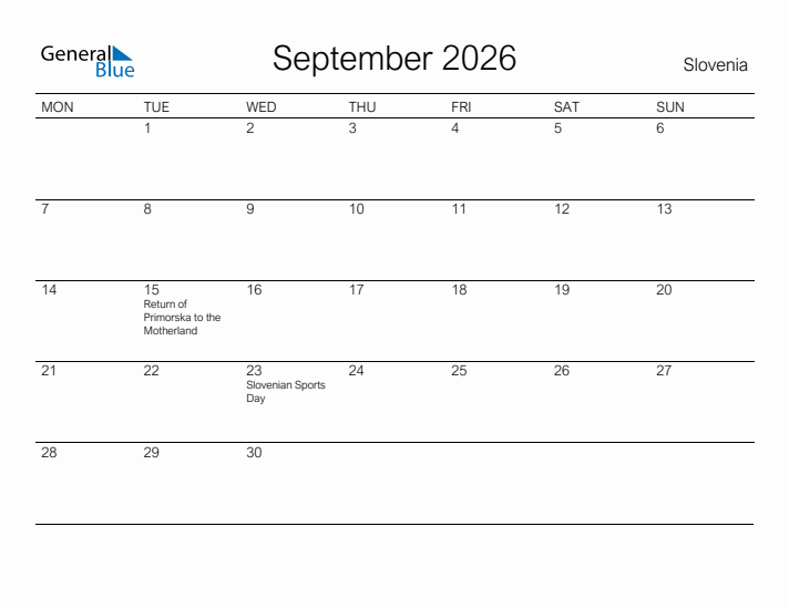 Printable September 2026 Calendar for Slovenia