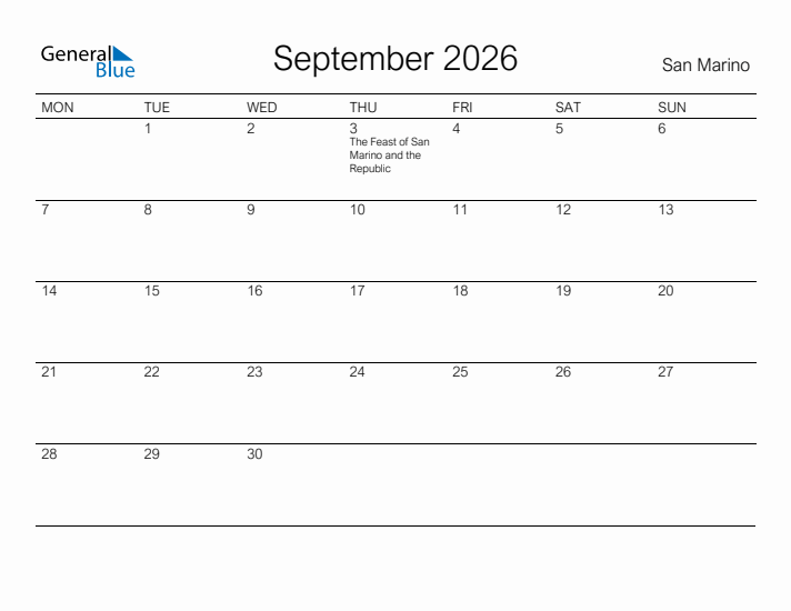Printable September 2026 Calendar for San Marino