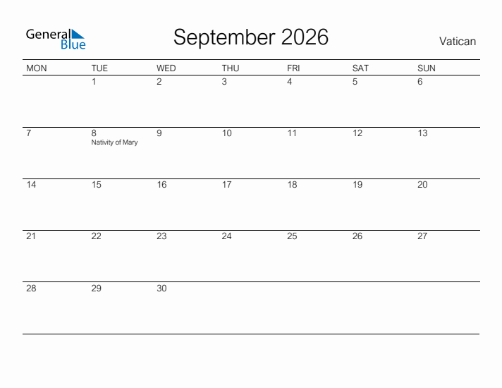 Printable September 2026 Calendar for Vatican