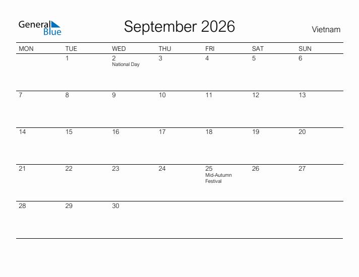 Printable September 2026 Calendar for Vietnam