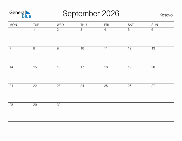 Printable September 2026 Calendar for Kosovo