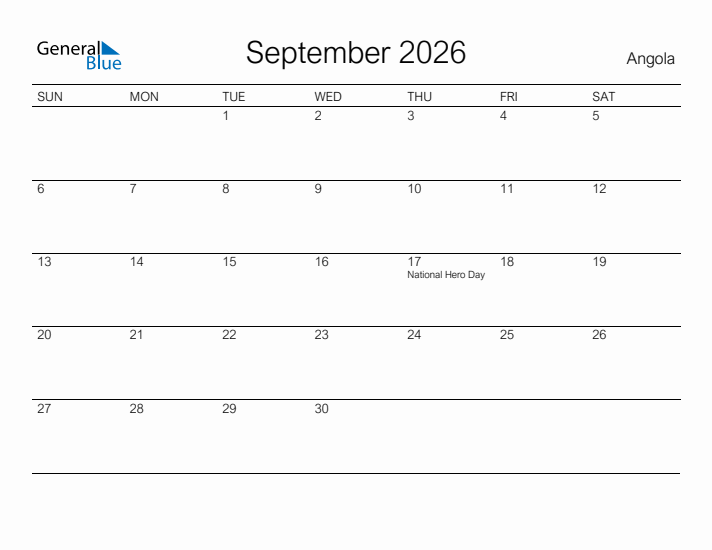 Printable September 2026 Calendar for Angola