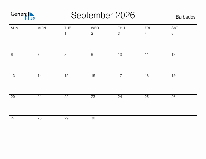 Printable September 2026 Calendar for Barbados