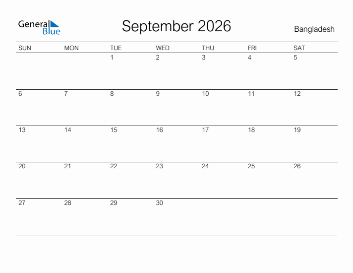 Printable September 2026 Calendar for Bangladesh