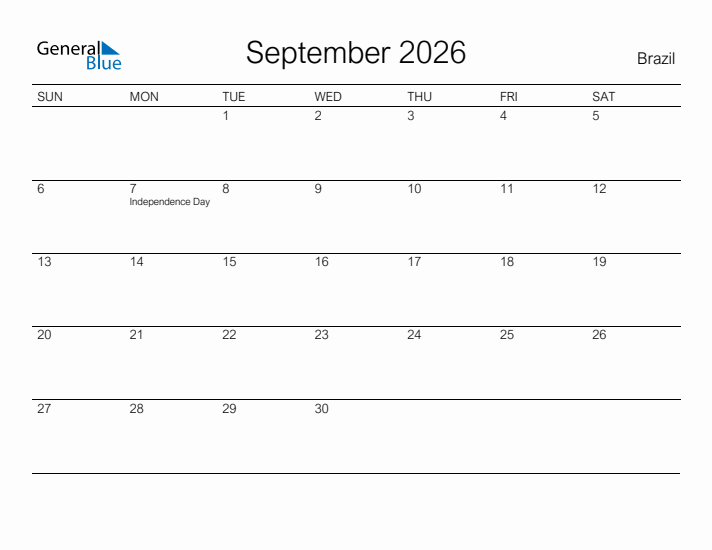 Printable September 2026 Calendar for Brazil