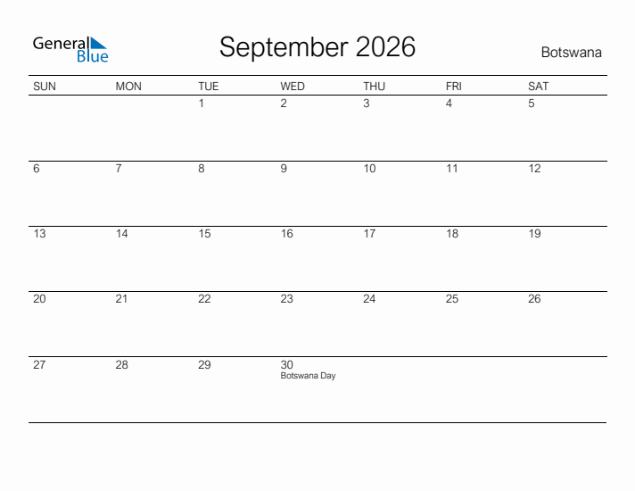 Printable September 2026 Calendar for Botswana