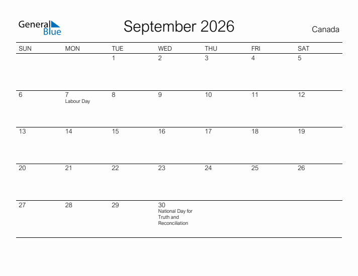 Printable September 2026 Calendar for Canada