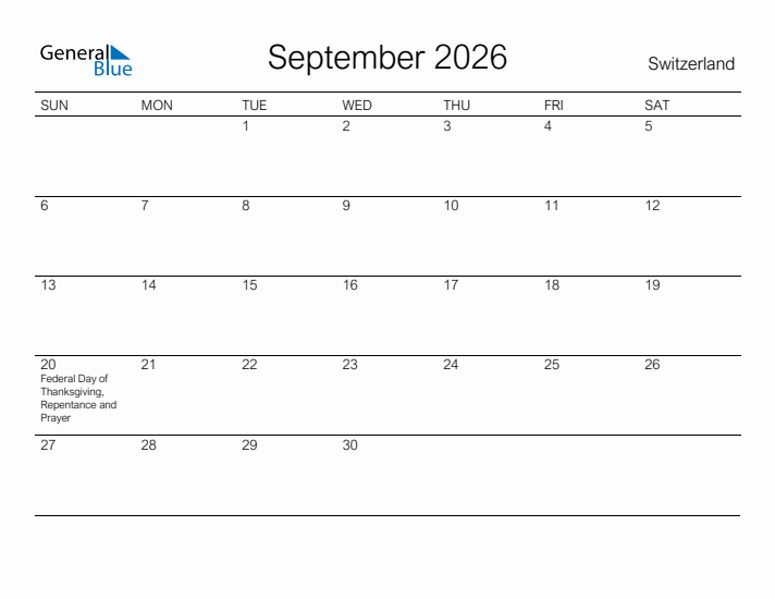 Printable September 2026 Calendar for Switzerland