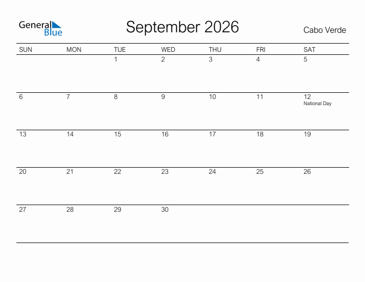 Printable September 2026 Calendar for Cabo Verde