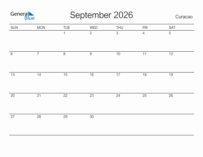 Printable September 2026 Calendar for Curacao