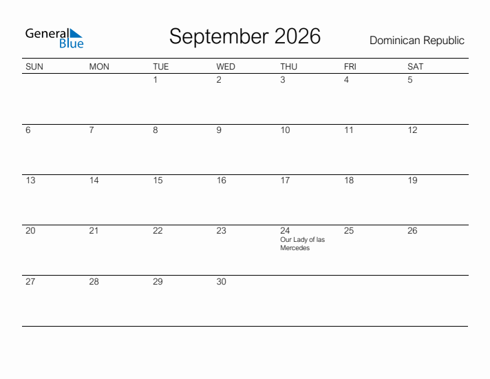 Printable September 2026 Calendar for Dominican Republic