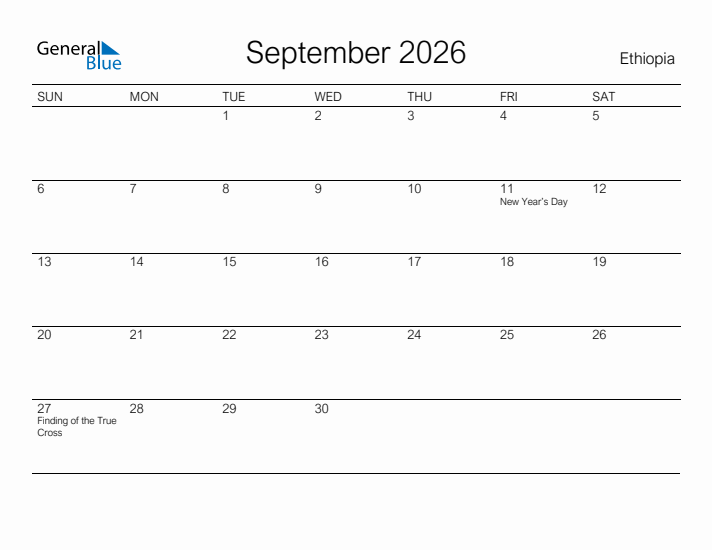 Printable September 2026 Calendar for Ethiopia
