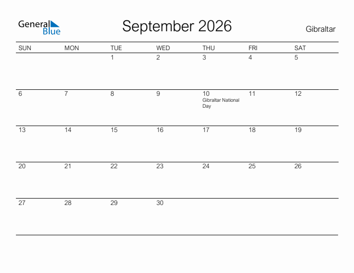 Printable September 2026 Calendar for Gibraltar