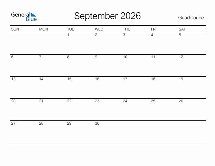 Printable September 2026 Calendar for Guadeloupe