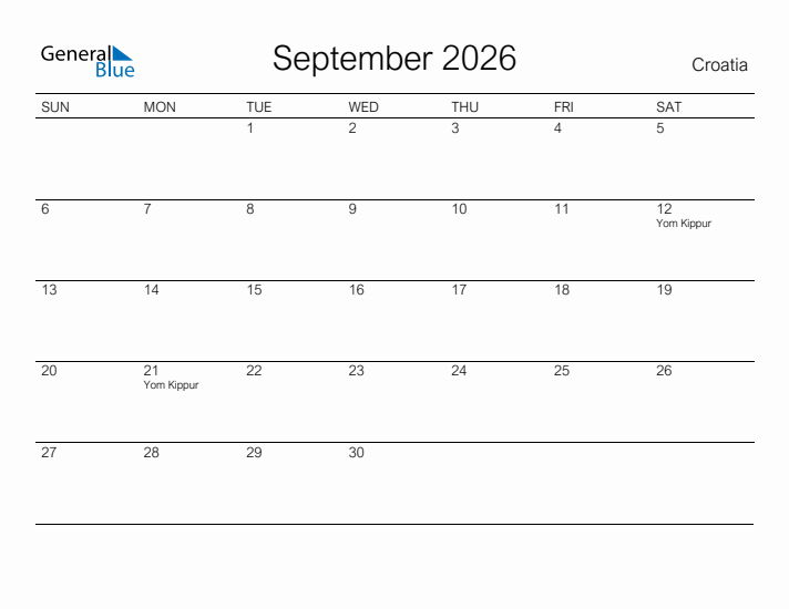Printable September 2026 Calendar for Croatia
