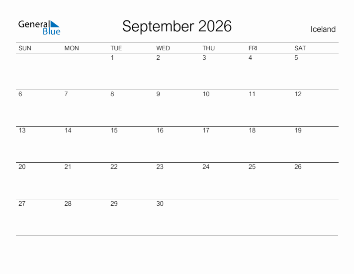 Printable September 2026 Calendar for Iceland