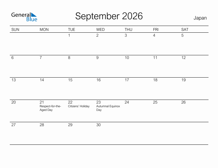 Printable September 2026 Calendar for Japan
