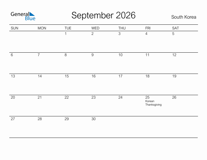 Printable September 2026 Calendar for South Korea