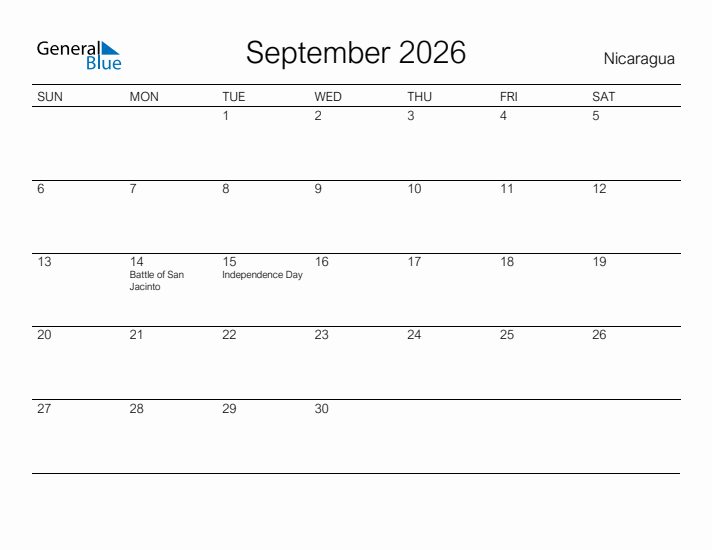 Printable September 2026 Calendar for Nicaragua