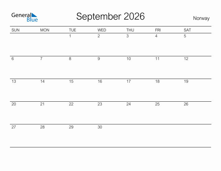 Printable September 2026 Calendar for Norway