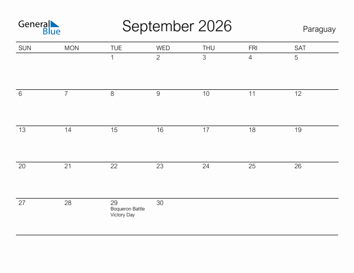 Printable September 2026 Calendar for Paraguay