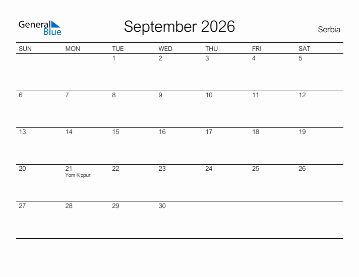 Printable September 2026 Calendar for Serbia