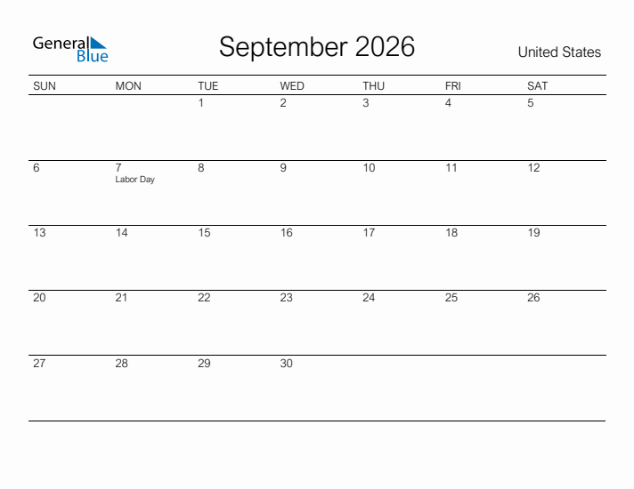 Printable September 2026 Calendar for United States