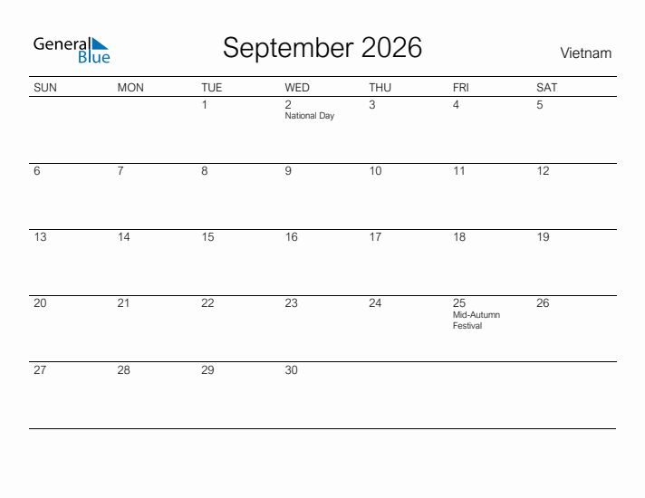 Printable September 2026 Calendar for Vietnam