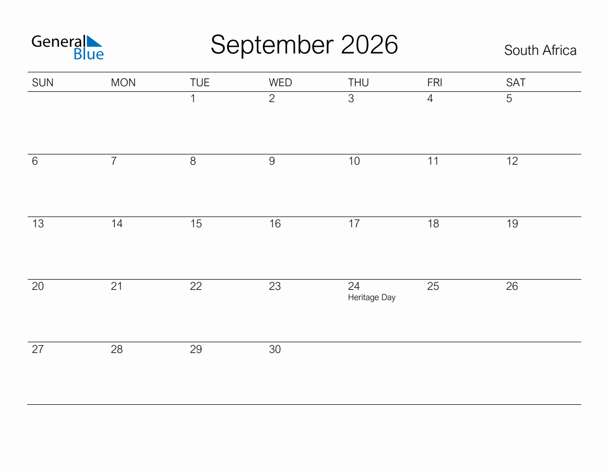 Printable September 2026 Monthly Calendar with Holidays for South Africa